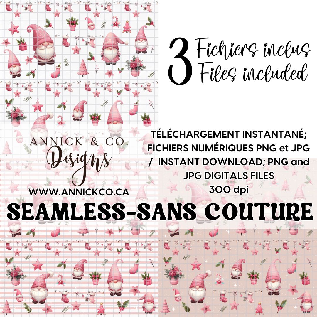 BOHO pink Christmas gnomes- SEAMLESS PNG Digital File