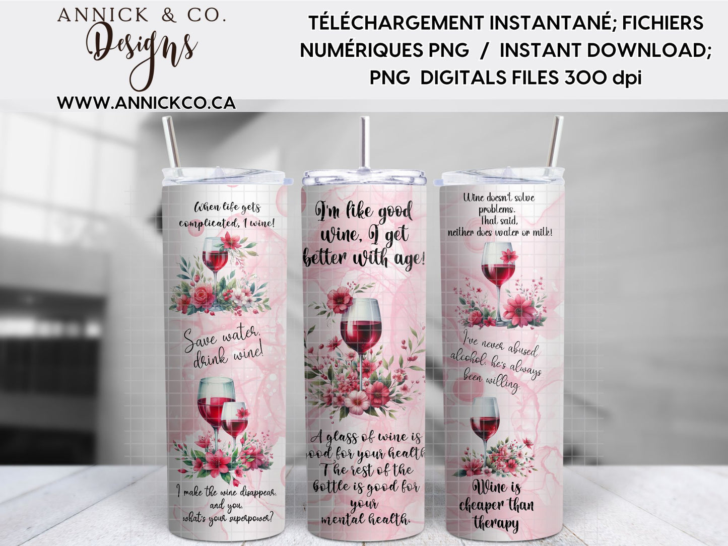Citations sur le Vin Francais/Anglais wrap 20oz - Fichier numérique PNG