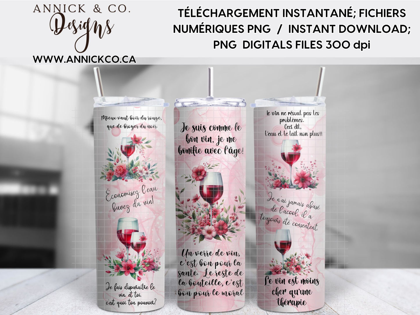Citations sur le Vin Francais/Anglais wrap 20oz - Fichier numérique PNG