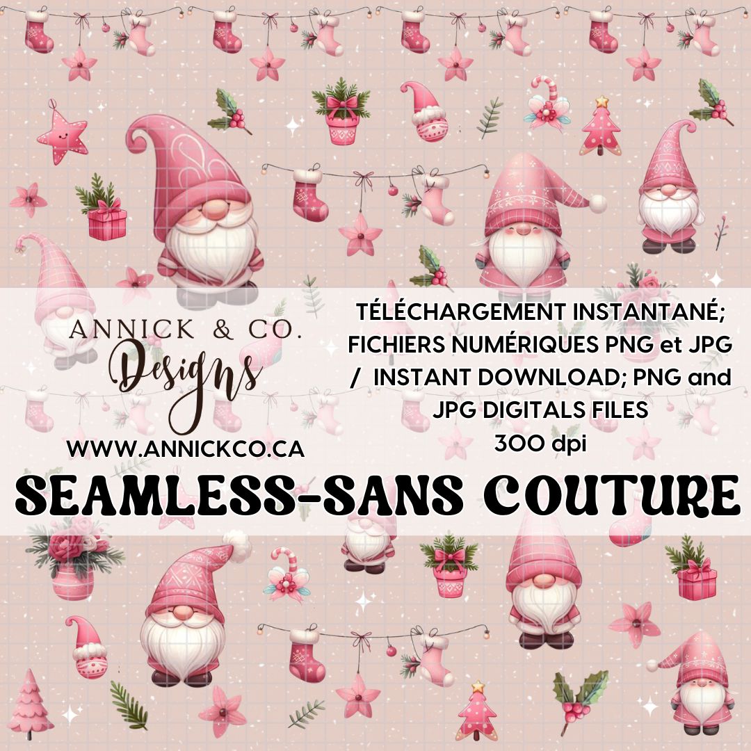 BOHO pink Christmas gnomes- SEAMLESS PNG Digital File