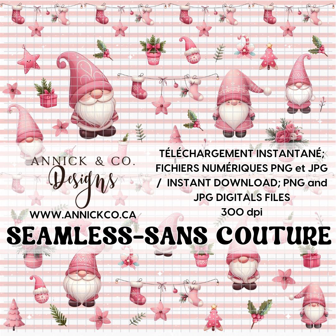 BOHO pink Christmas gnomes- SEAMLESS PNG Digital File