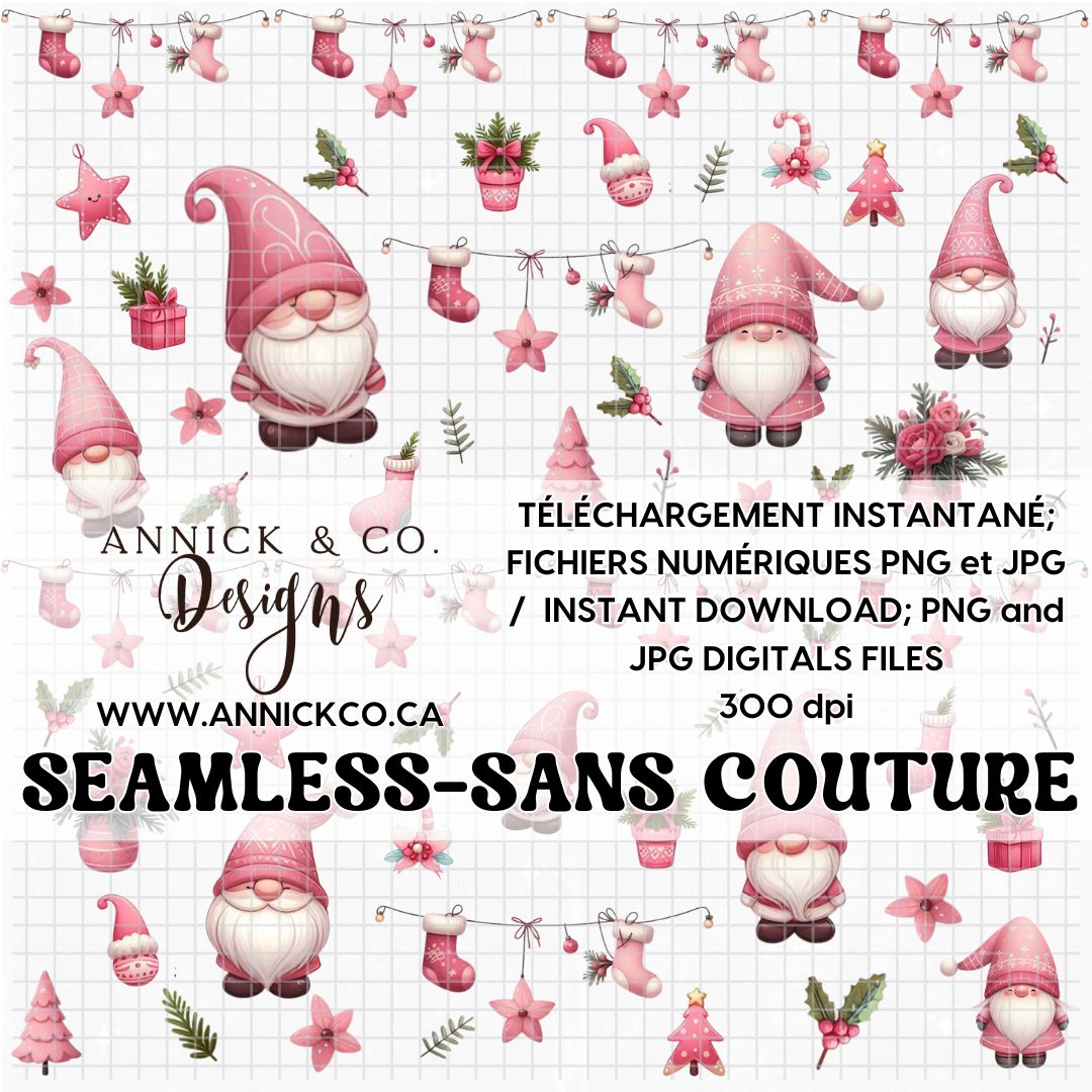BOHO pink Christmas gnomes- SEAMLESS PNG Digital File