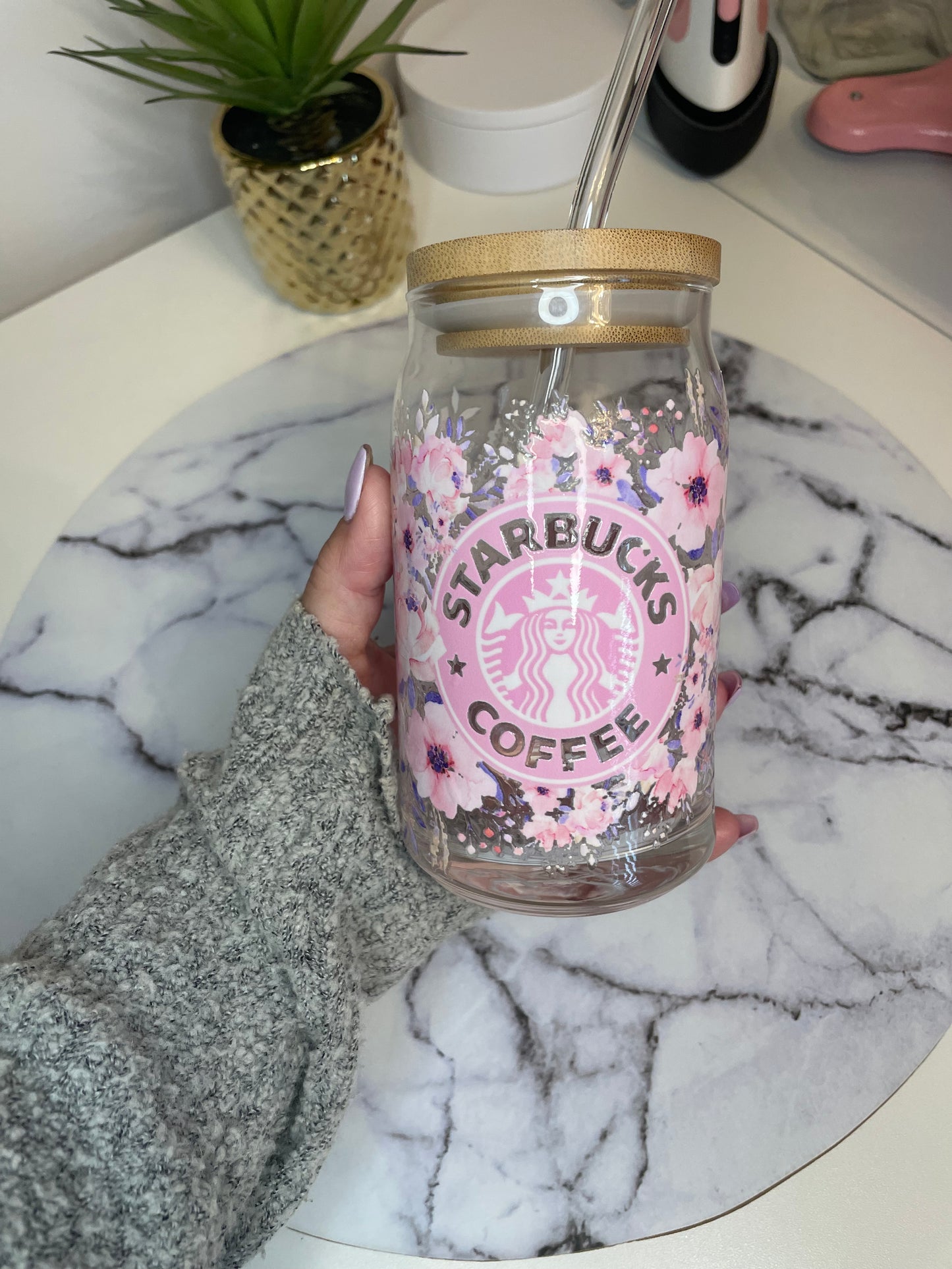STARBUCKS 16oz glass can with pink flowers