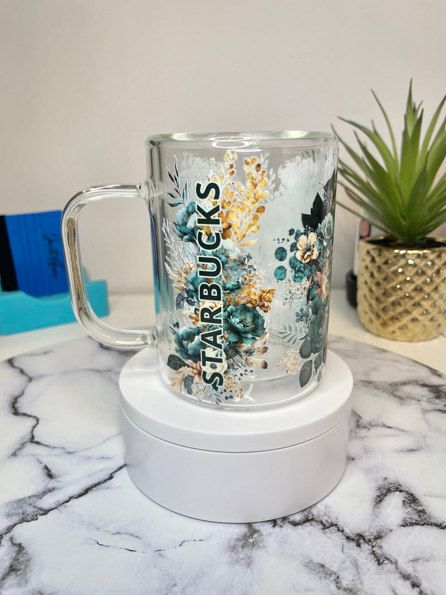 Tasse double parois à fleurs vert et or de STARBUCKS Green and gold flowers 15oz double walled mug