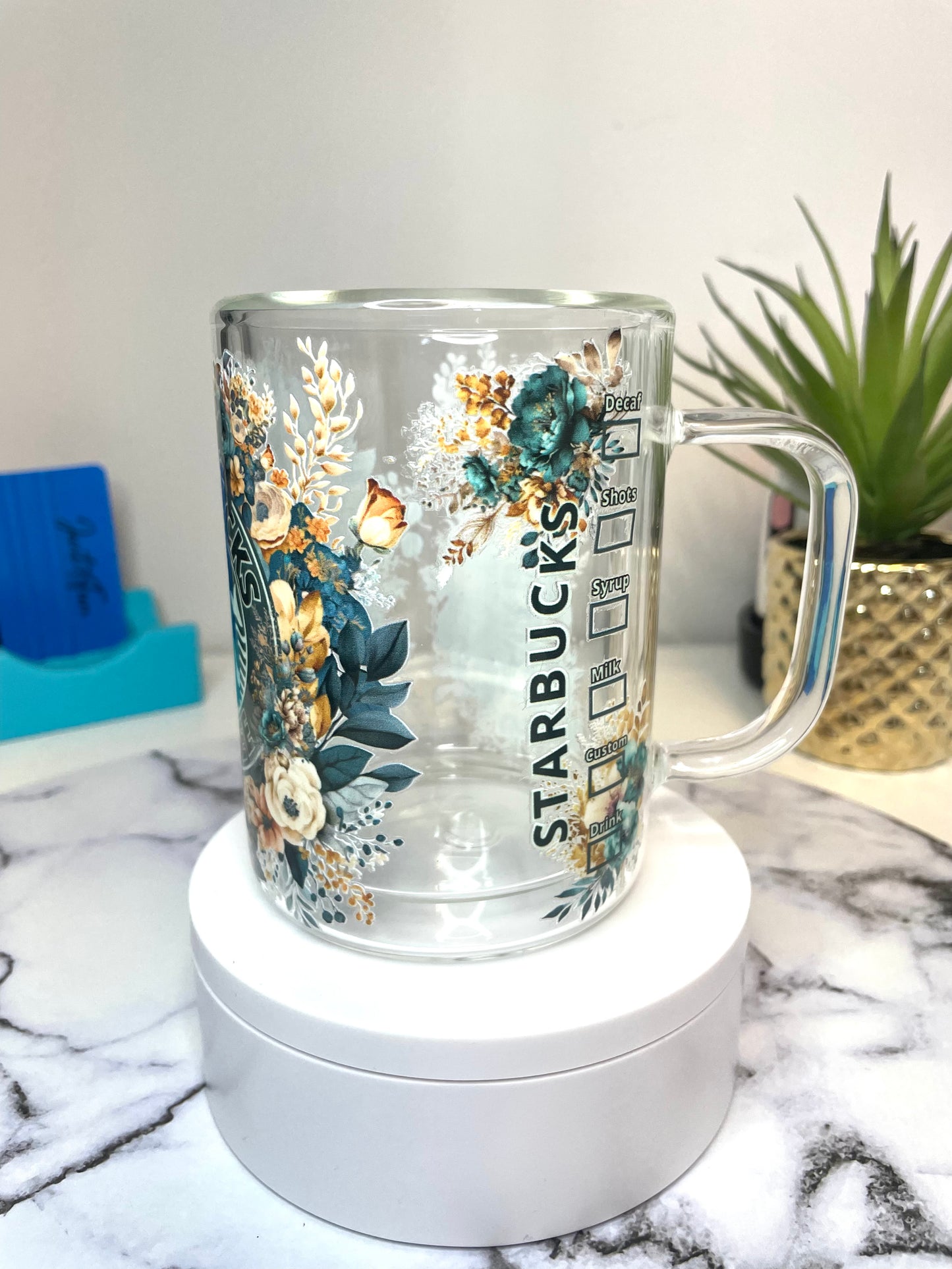 Tasse double parois à fleurs vert et or de STARBUCKS Green and gold flowers 15oz double walled mug