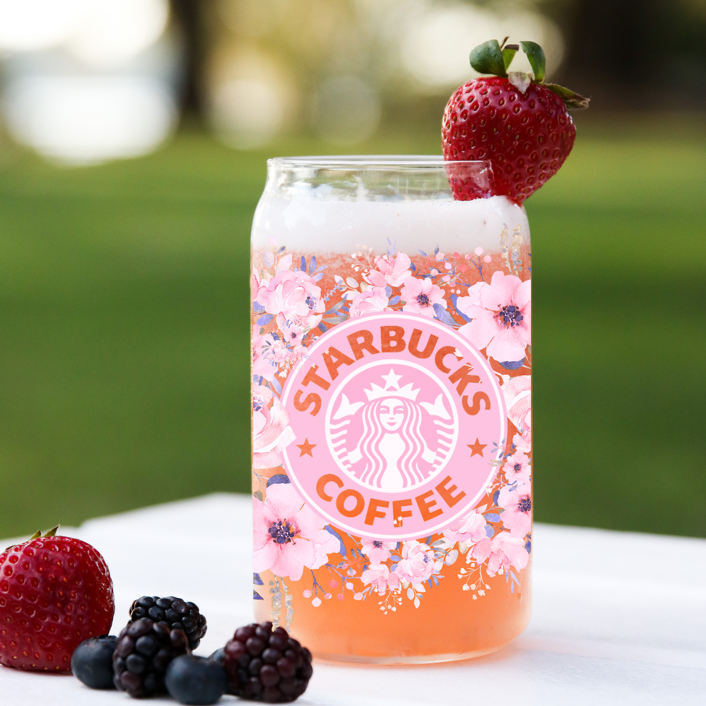 STARBUCKS 16oz glass can with pink flowers