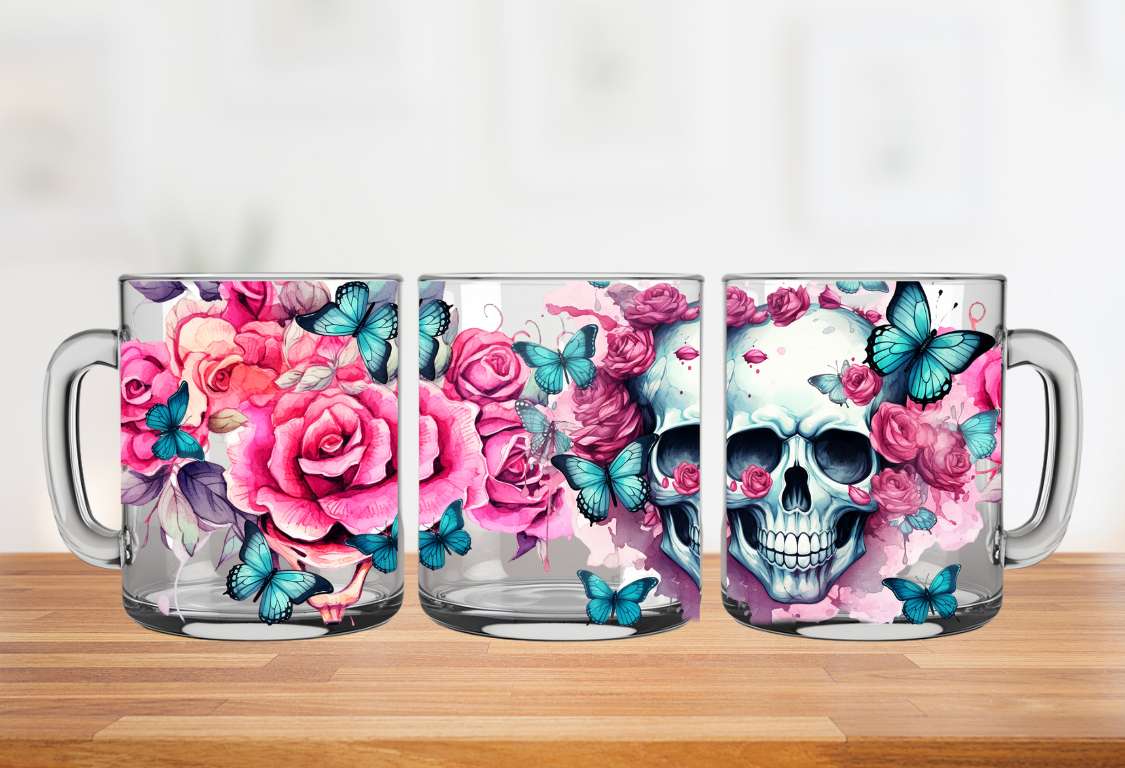 Tasse double parois tête de mort avec fleur rose\ Skull with pink flowers 15oz double walled mug