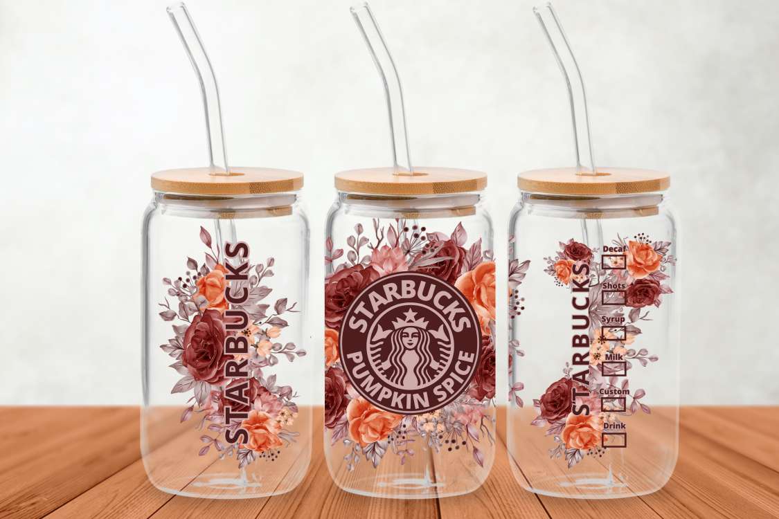 Pumpkins spice STARBUCKS 16oz Glass can with flowers