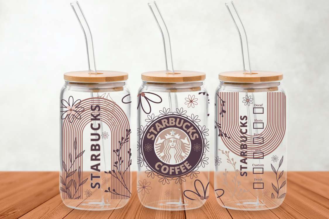 Gobelet/Verre à café glacé à fleurs Boho STARBUCKS 16oz Glass can Boho Flowers