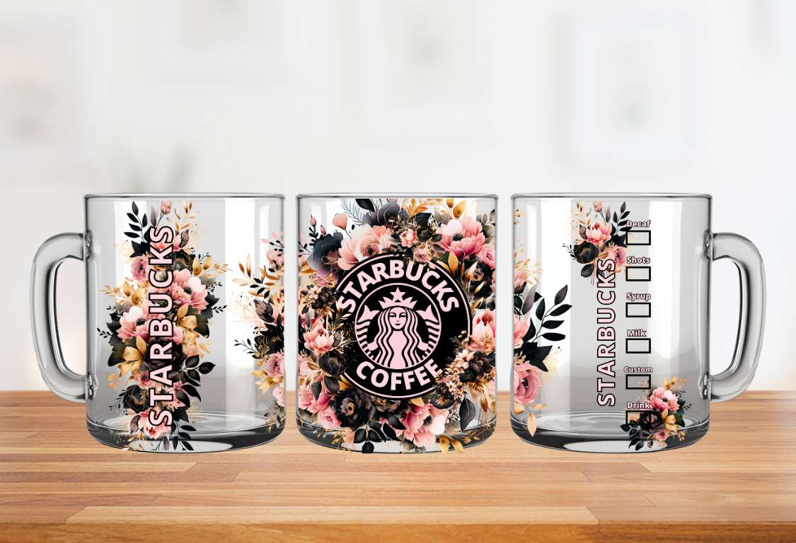 Tasse double parois bouquet floral rose et noir STARBUCKS Black and pink flowers 15oz double walled mug