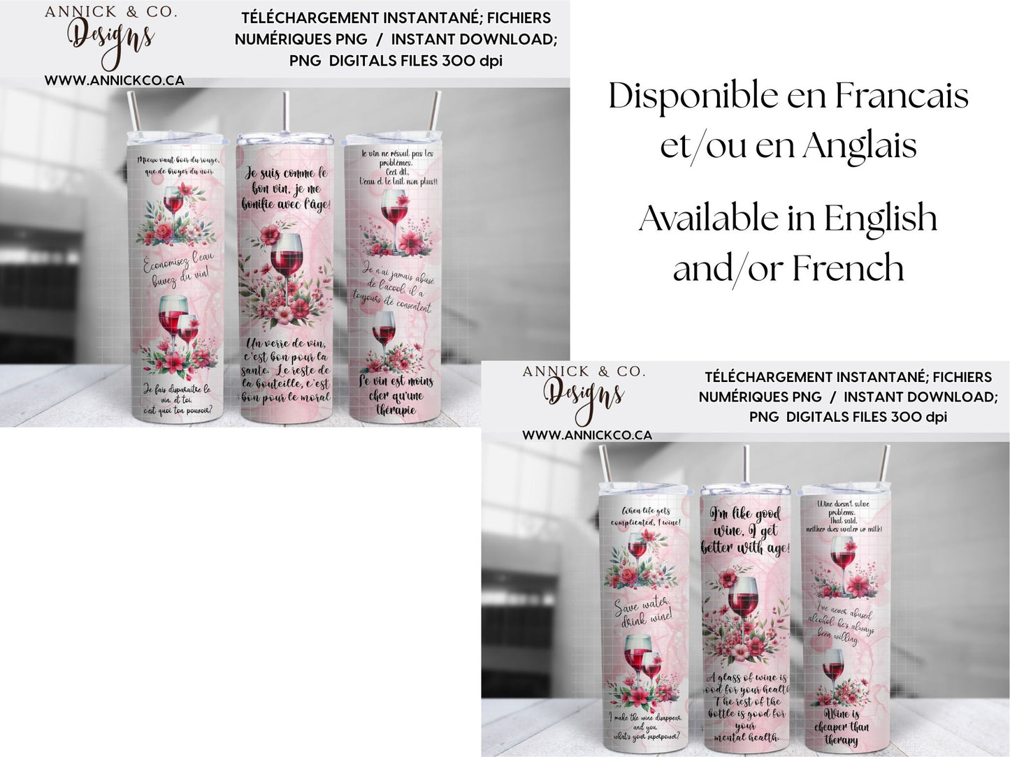 Citations sur le Vin Francais/Anglais wrap 20oz - Fichier numérique PNG