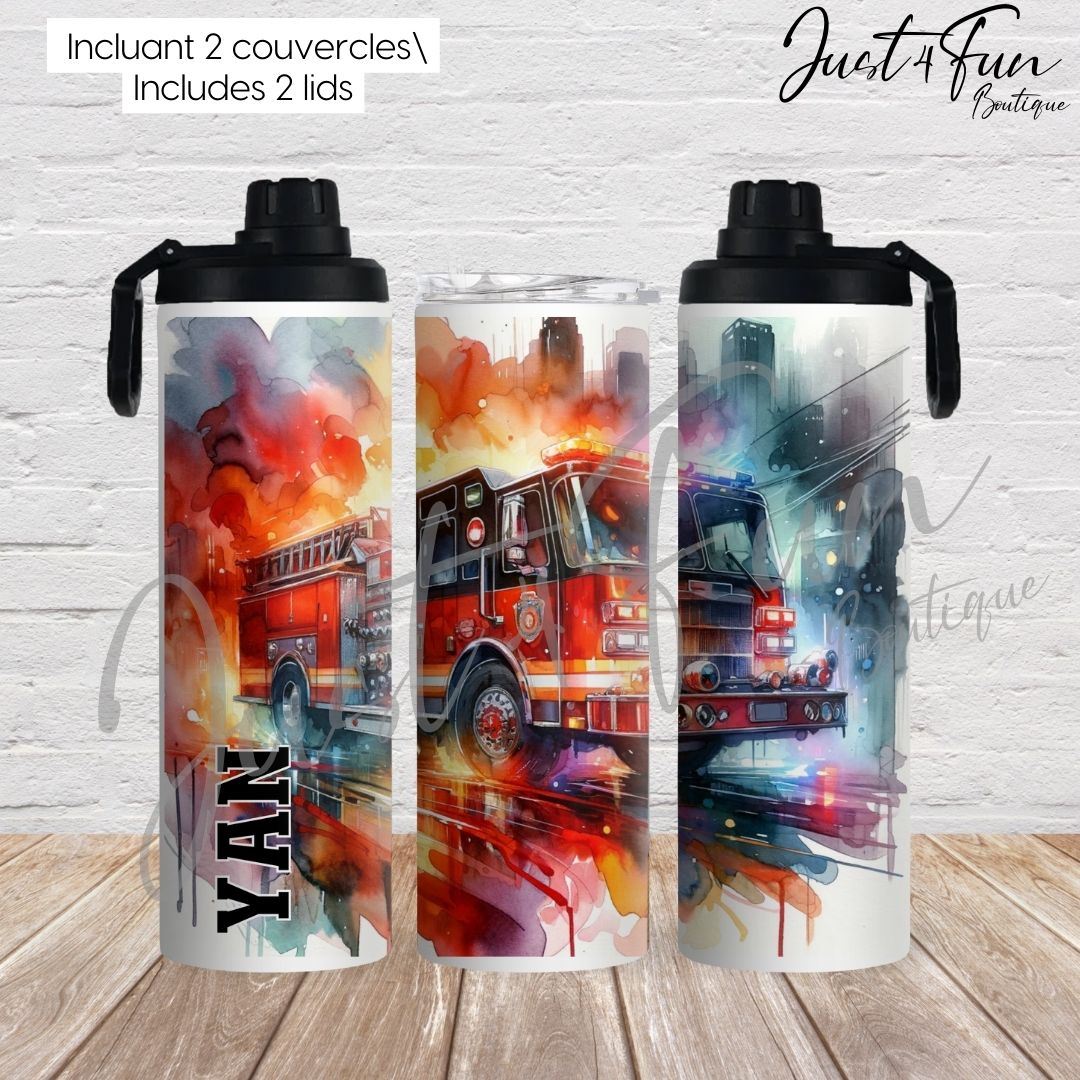 CUSTOM Fire truck 2in1 sport bottle. www.annickco.ca