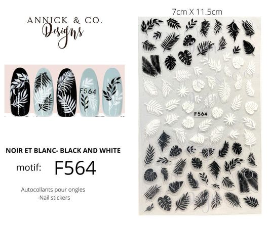 Autocollants pour ongles feuilles exotiques blanc et noir