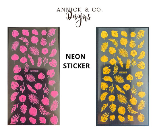 Autocollants pour ongles feuilles tropical et fleurs hibiscus Néon