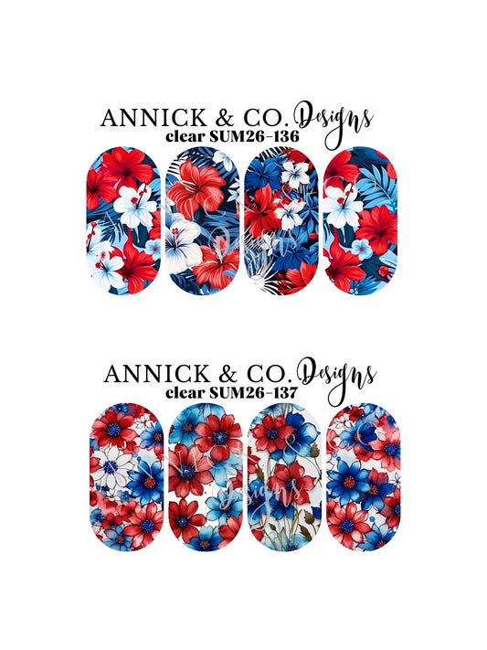 Décalques pour ongles, Fleurs bleu, blanc et rouge faciles à appliquer, nail art DIY, pour débutant