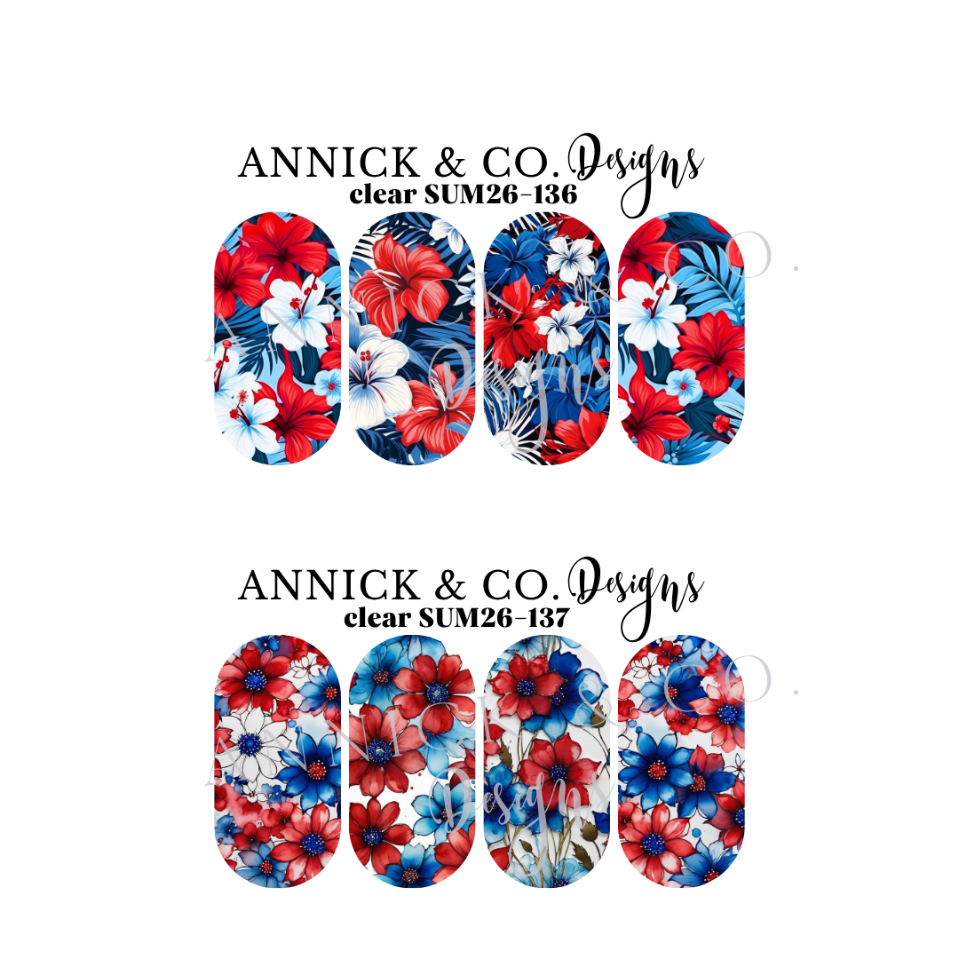 Summer Red, white and blue Floral Waterslide Nail Decals, Nail Art Stickers for DIY Manicure, Gel, Acrylic & Natural Nails