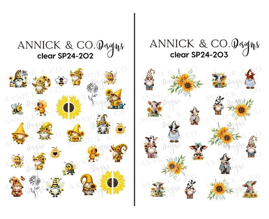 Décalques pour ongles, décalcomanies nail art, compatibles gel, acrylique et ongles naturels; GNOMES abeilles et tournesols
