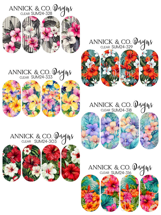 Hibiscus summer Floral Nail Art Stickers, Waterslide Nail Decals for Gel, Acrylic, Press On & Natural Nails