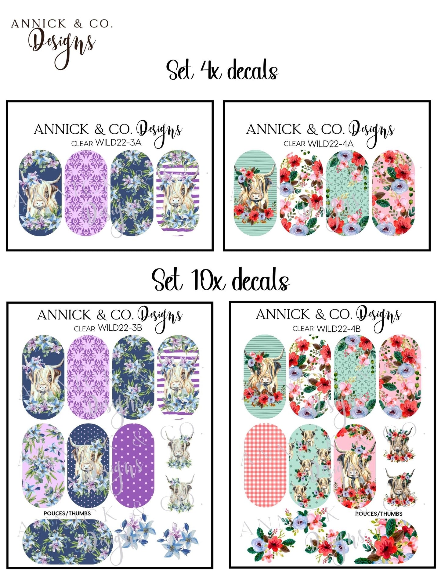 Cute highland cow Boho Floral Nail Decals, Wildflower Nail Stickers, Aesthetic Nail Art for DIY Manicure 