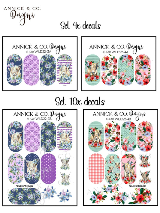 Cute highland cow Boho Floral Nail Decals, Wildflower Nail Stickers, Aesthetic Nail Art for DIY Manicure 