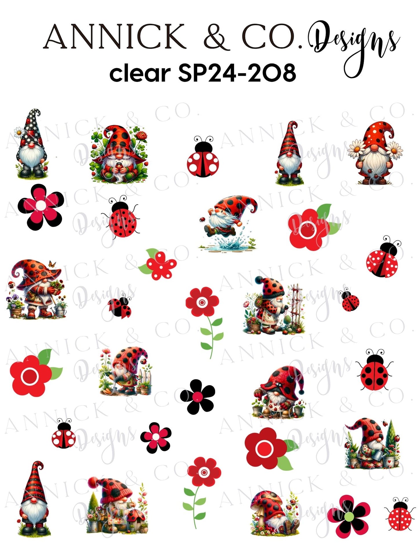 Décalques pour ongles, Gnome coccinelles, décalcomanies nail art, compatibles gel, acrylique et ongles naturels