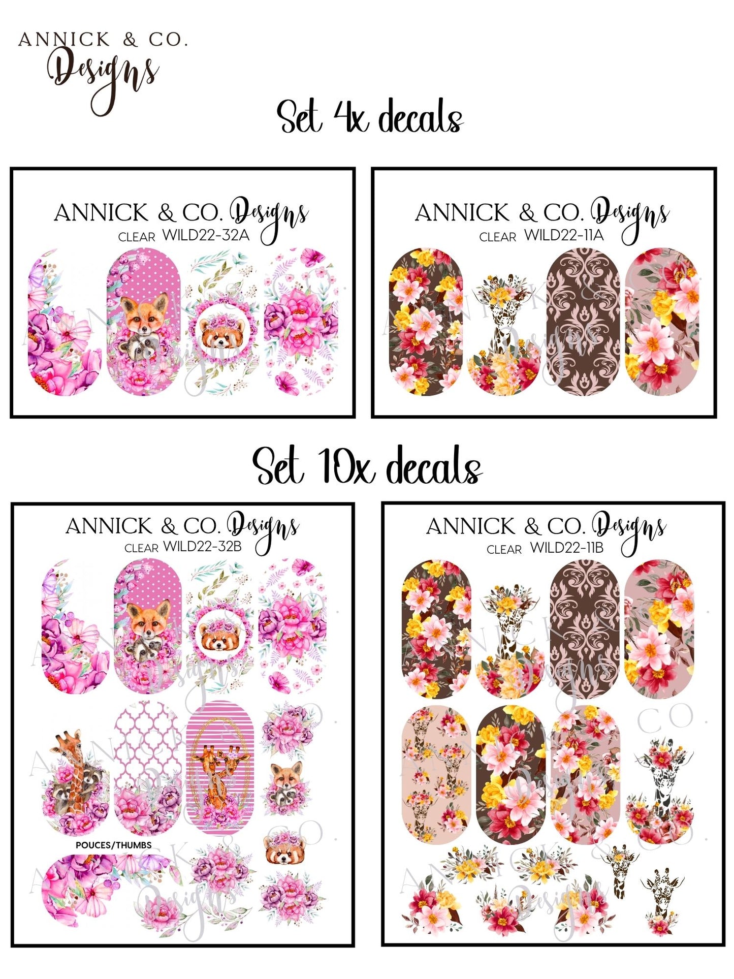 Cute animals Boho Floral Nail Decals, Wildflower Nail Stickers, Aesthetic Nail Art for DIY Manicure