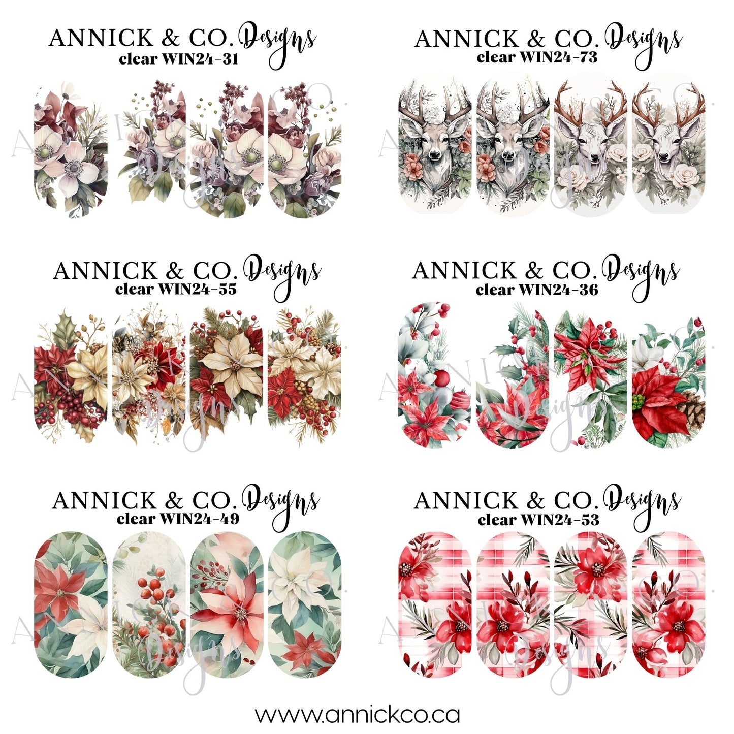 Christmas/Winter reindeer and flowers waterslide decals for nails 